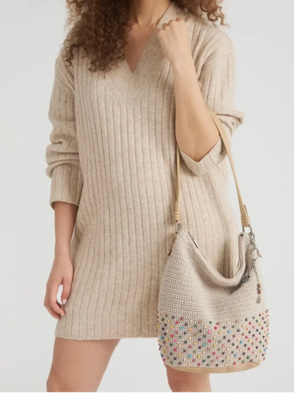The Sak NWT Sequoia Hand Crochet Colorful Beaded Neutral Ecru Hobo Handbag